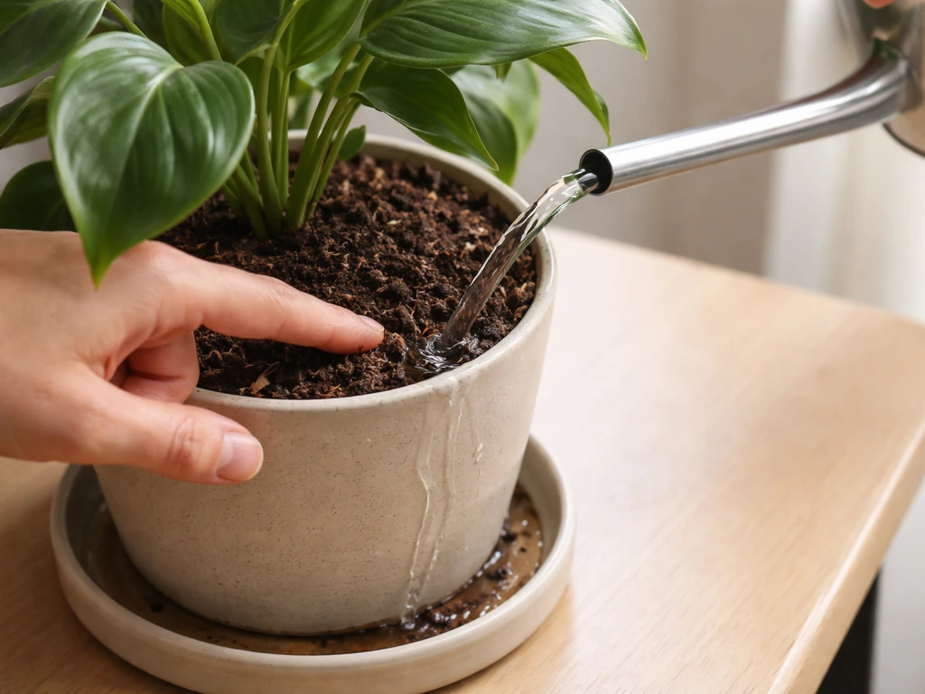 Hands testing indoor plant soil moisture with a finger, then watering until excess drains.