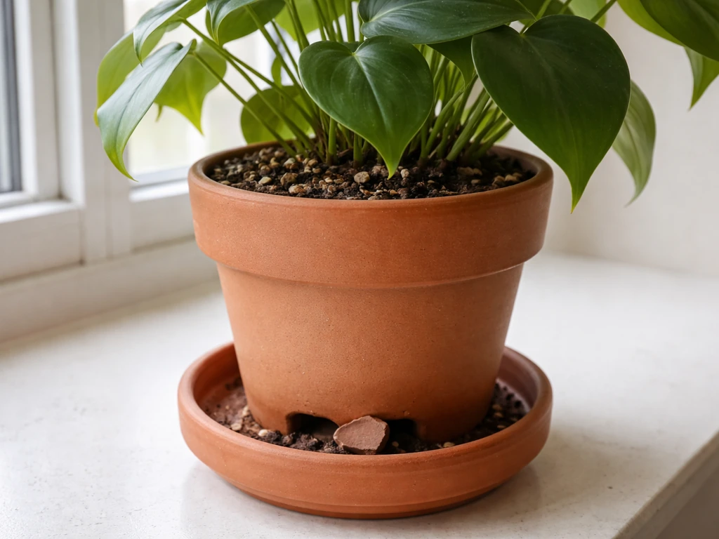 Terracotta plant pot with drainage holes on a saucer and a pottery shard over the hole
