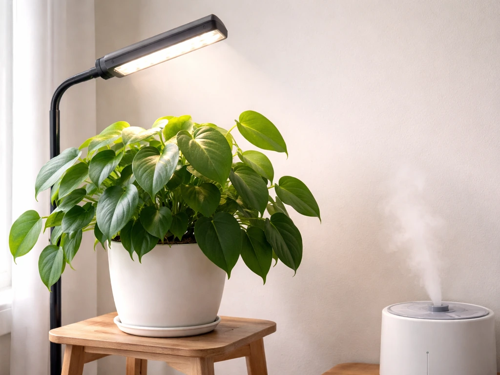 A heartleaf philodendron beside an LED grow light and a small humidifier in soft natural light