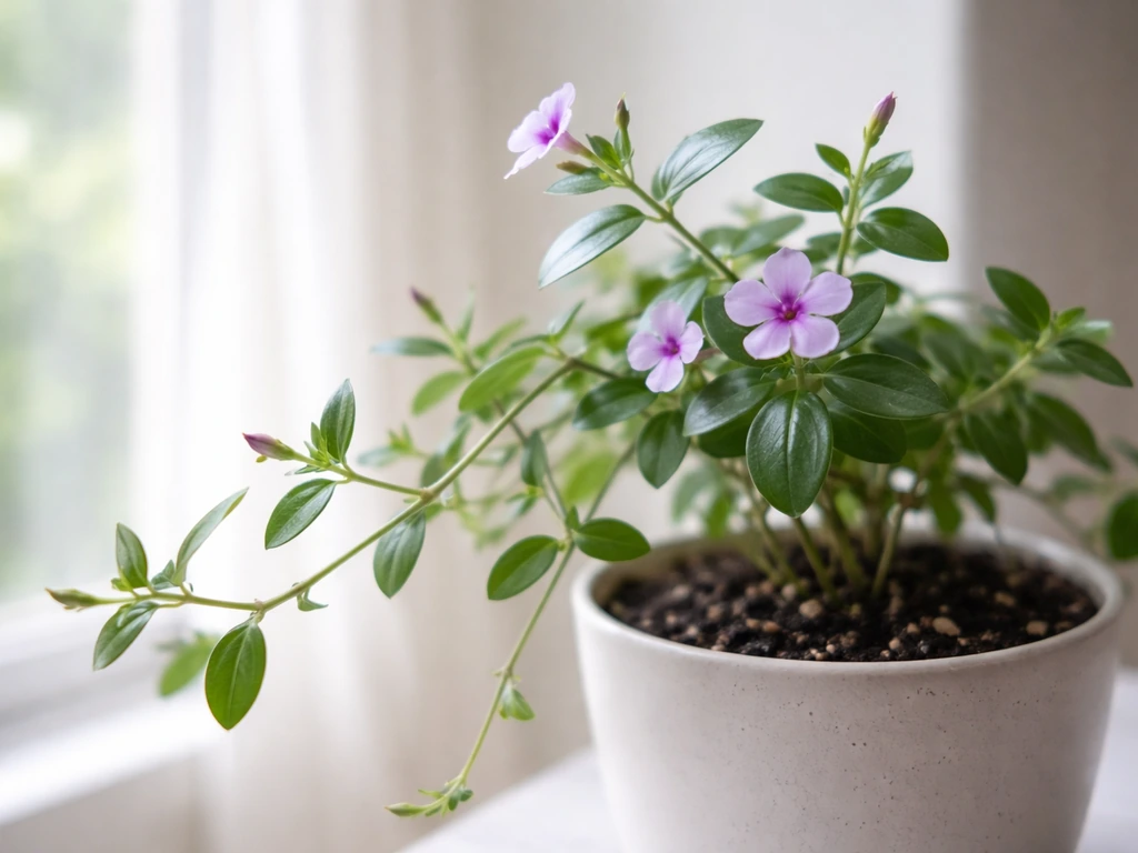 Indoor trailing vinca vine with small buds and flowers near a bright window in a hanging pot.