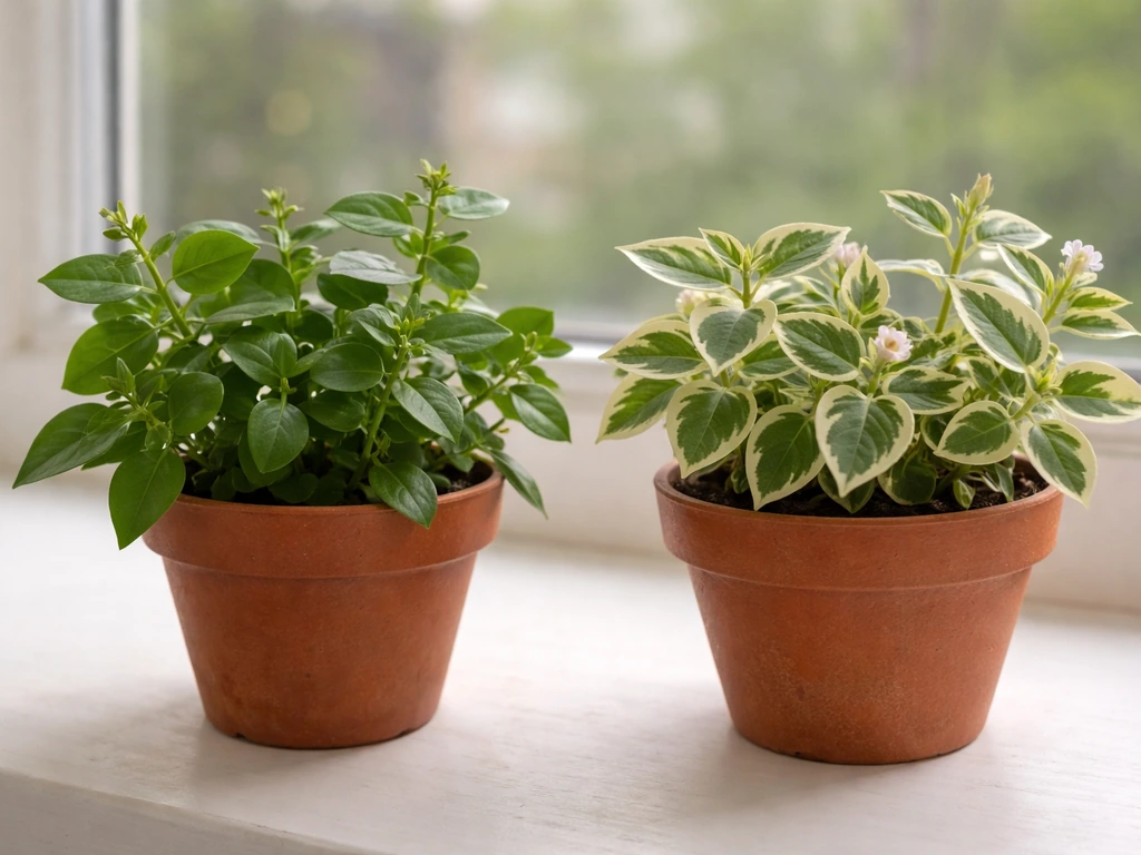 Green-leaf and cream-edged variegated vinca plants in separate pots on a windowsill, with flower buds visible.