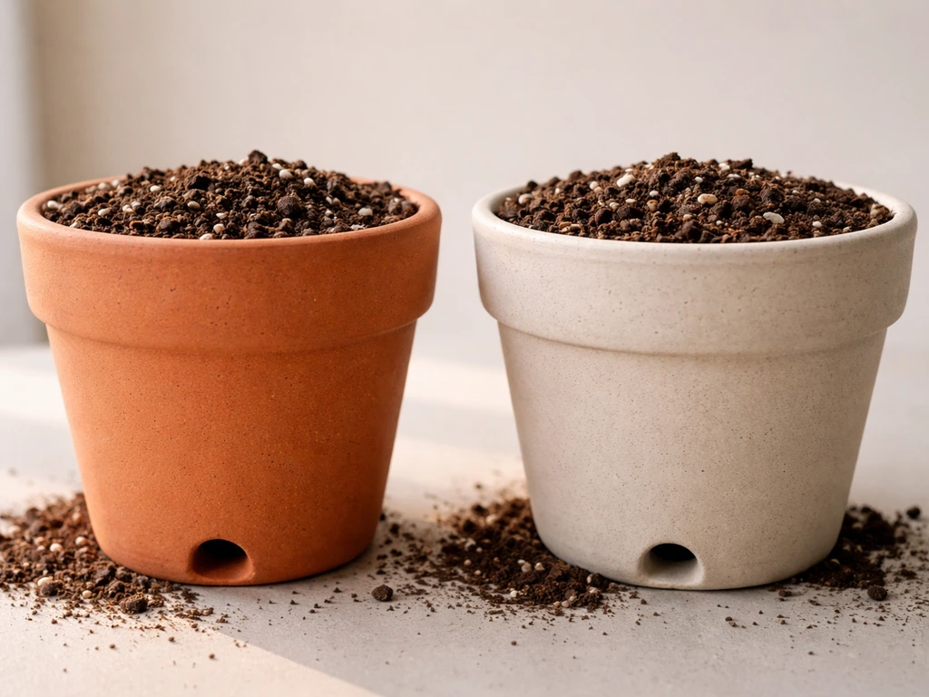 Close-up of terracotta and unglazed ceramic pots with drainage holes and textured potting mix.