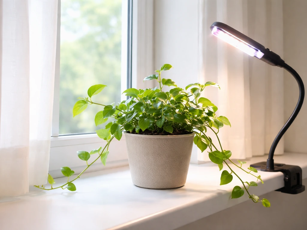 Vinca vine by a south-facing window with a full-spectrum LED grow light angled toward the plant