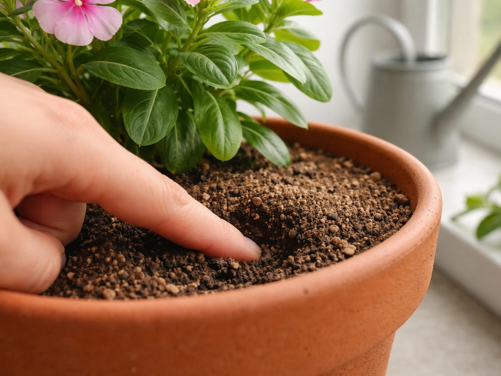 Finger pushed into the top inch of potted vinca soil to check dryness, with a watering can nearby.