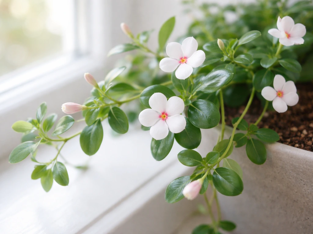 Indoor vinca trailing stems with buds opening into fresh blossoms on a bright windowsill.
