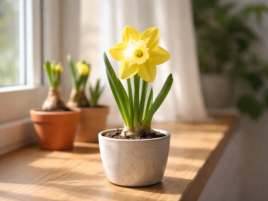 Bright potted daffodils blooming indoors near a window with a couple of other forced bulbs nearby.