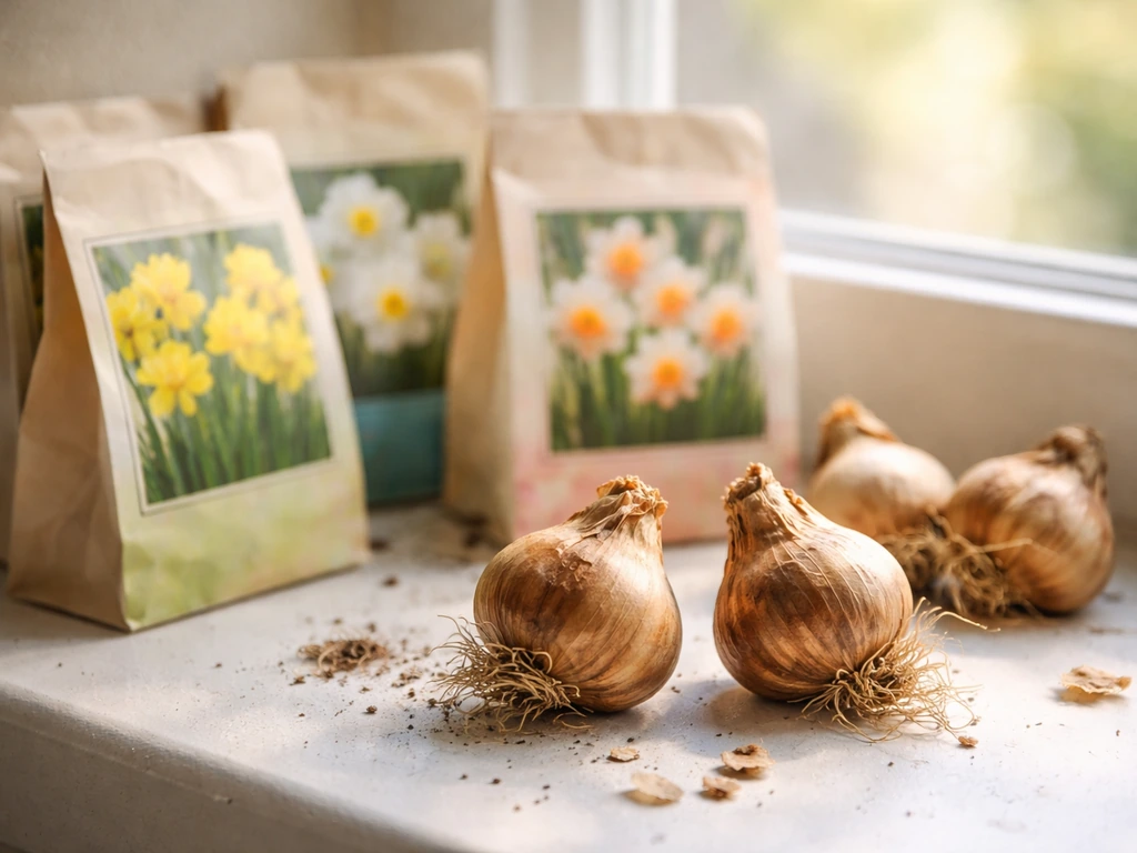 Compact indoor-forcing daffodil bulbs in small packets, arranged neatly on a windowsill in natural light.