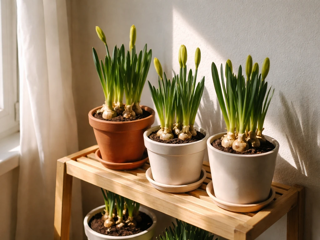 Potted daffodils near a bright window with strong light direction indoors after chilling