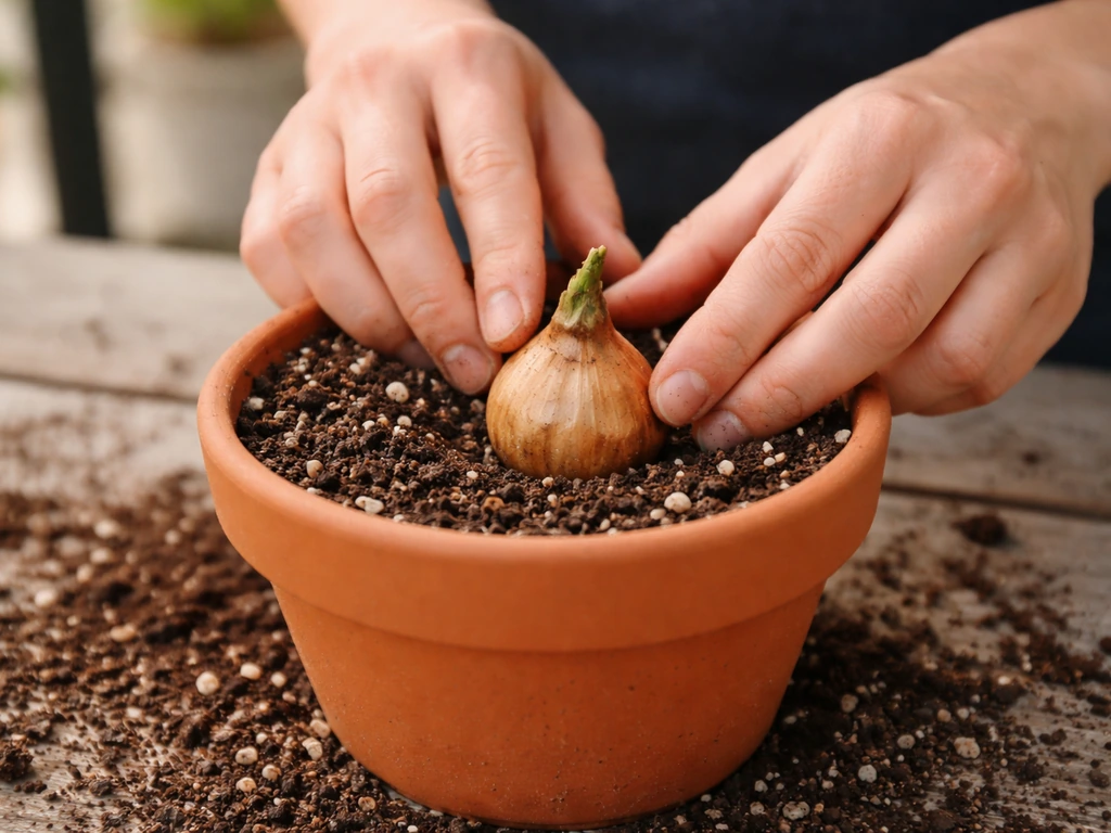 Hands placing a daffodil bulb into a terracotta pot with drainage holes filled with potting mix.