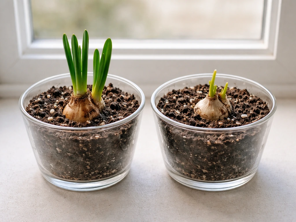 Two potted daffodil bulbs side by side: one sprouting well, one pale and not growing.