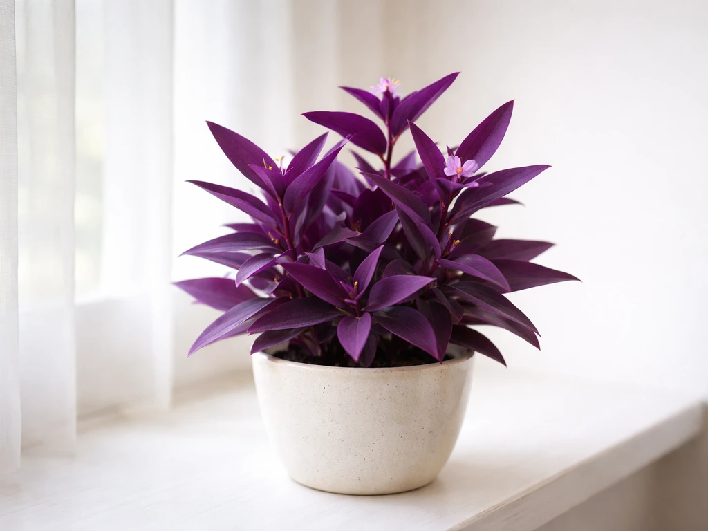 Purple heart plant in a bright window, deep purple leaves and small pink-lavender flowers in a small pot.