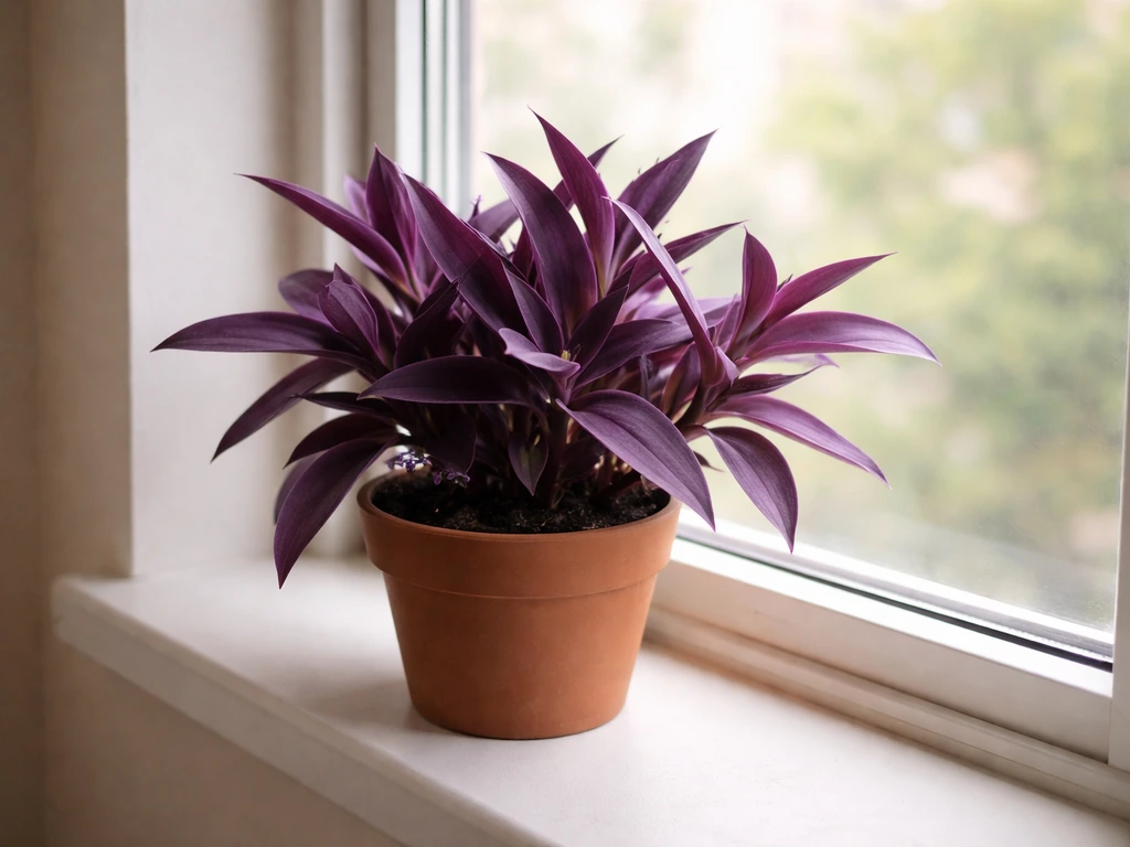 Purple Heart plant in a pot placed right by an indoor window for maximum light, rich purple leaves