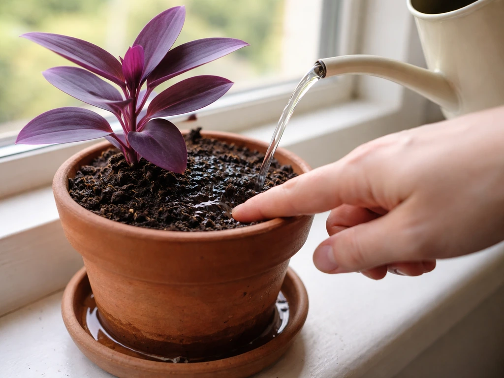 Close-up of a houseplant pot as a finger checks damp soil and a watering can pours until water drains out