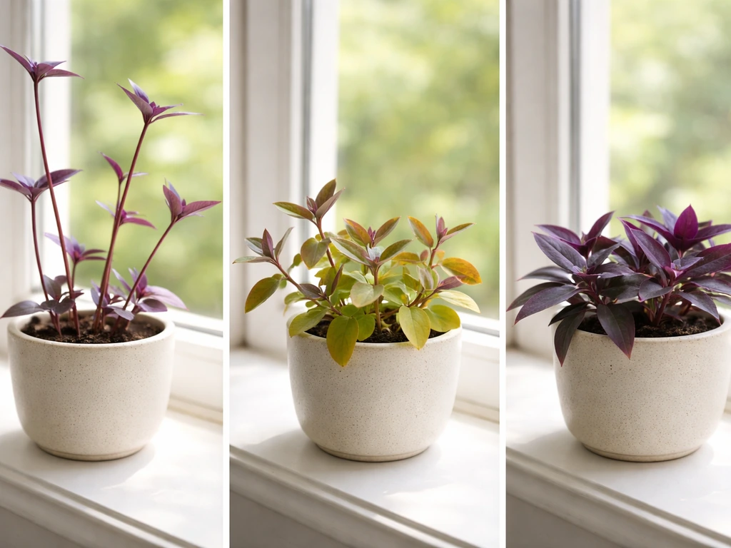 Purple heart plant on a windowsill showing stretched, yellowing, and dull leaves in one minimal photo.