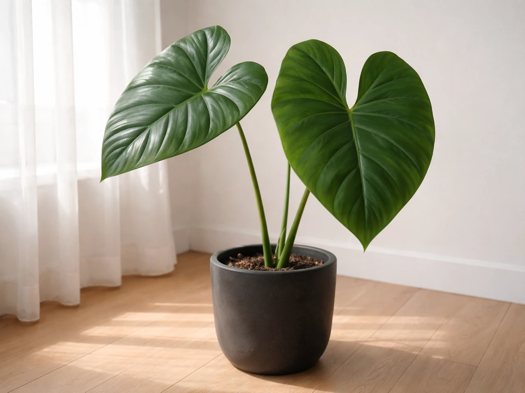 Indoor colocasia with oversized heart-shaped leaves thriving in bright, minimal room light.