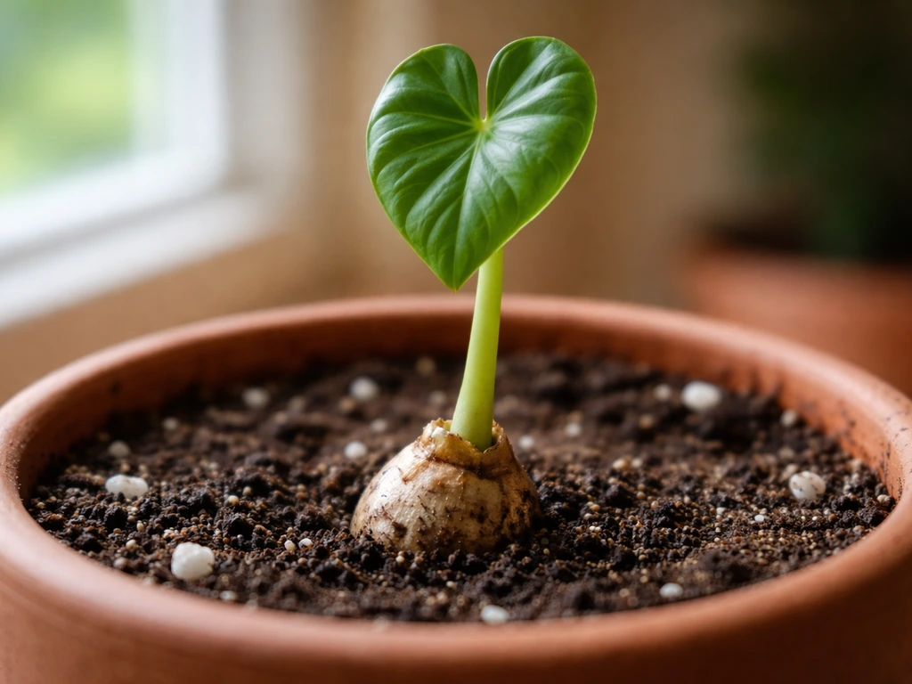 Close-up of a colocasia corm in a small pot with a fresh heart-shaped leaf emerging.