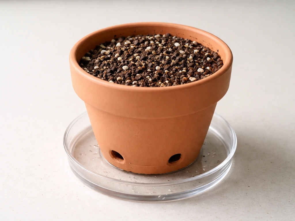Potted colocasia setup with a drainage-holed pot, fast-draining soil mix, and a saucer catching excess water.