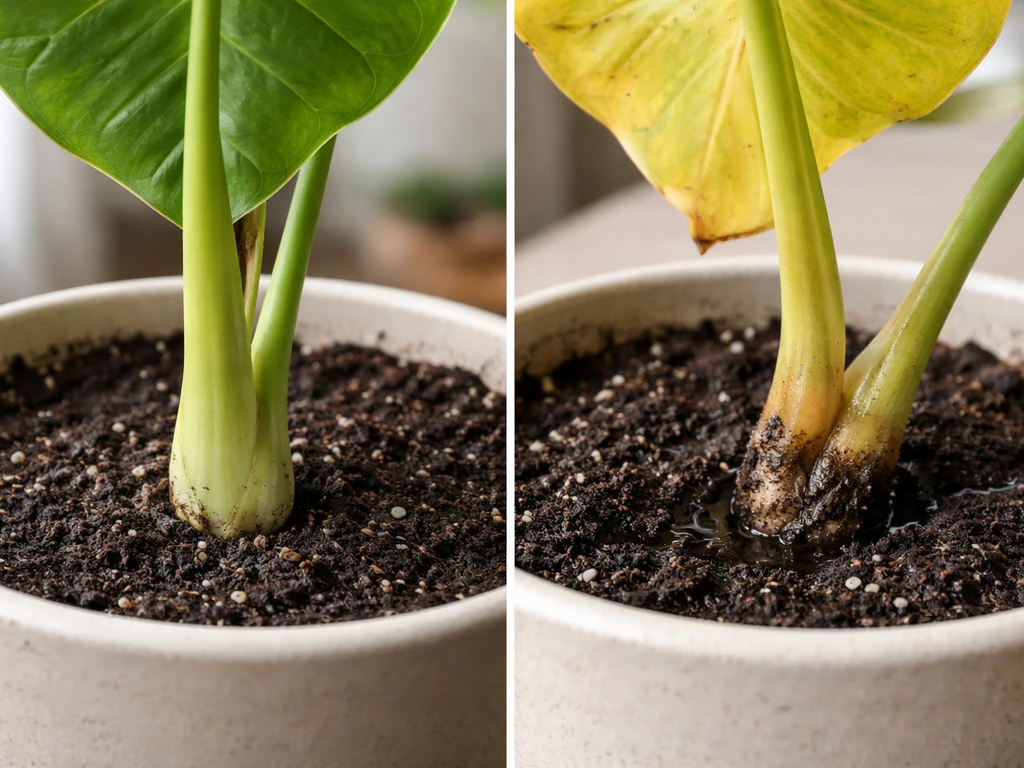 Two close-up colocasia leaf stems: one healthy green, one yellow with mushy base in a pot.