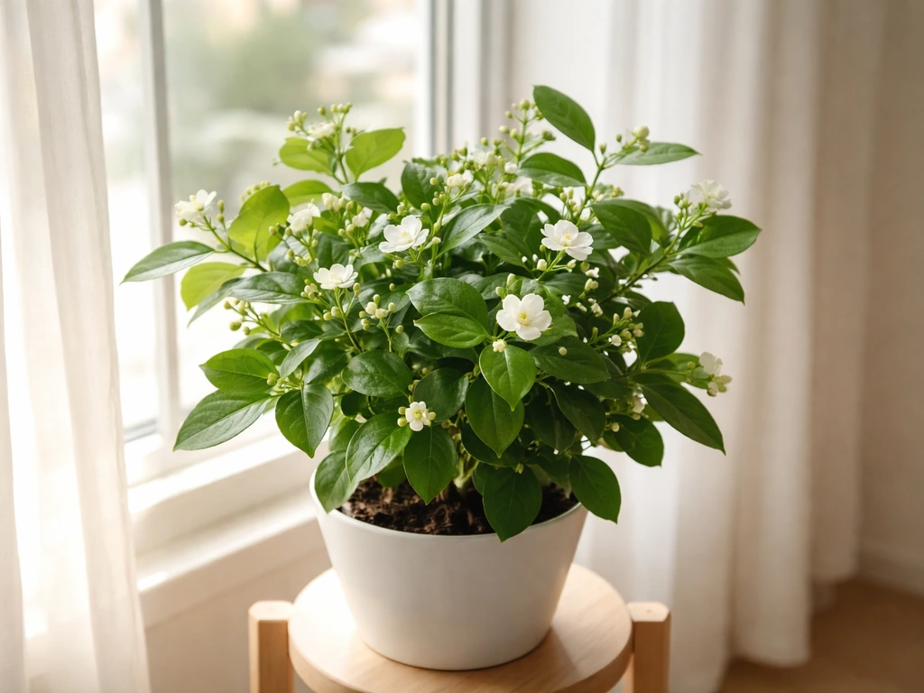 Healthy indoor jasmine plant with buds and early white blooms near a bright window.
