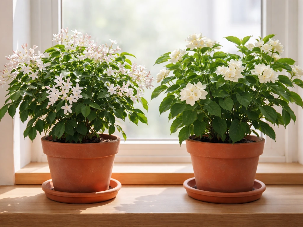 Two potted indoor jasmine plants with small white flowers on a windowsill in soft natural light