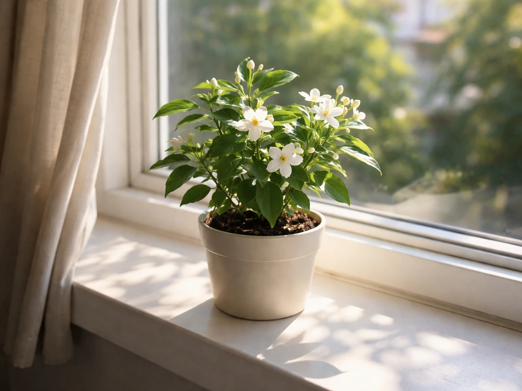Indoor jasmine on a bright windowsill with direct sunbeams falling on its leaves.