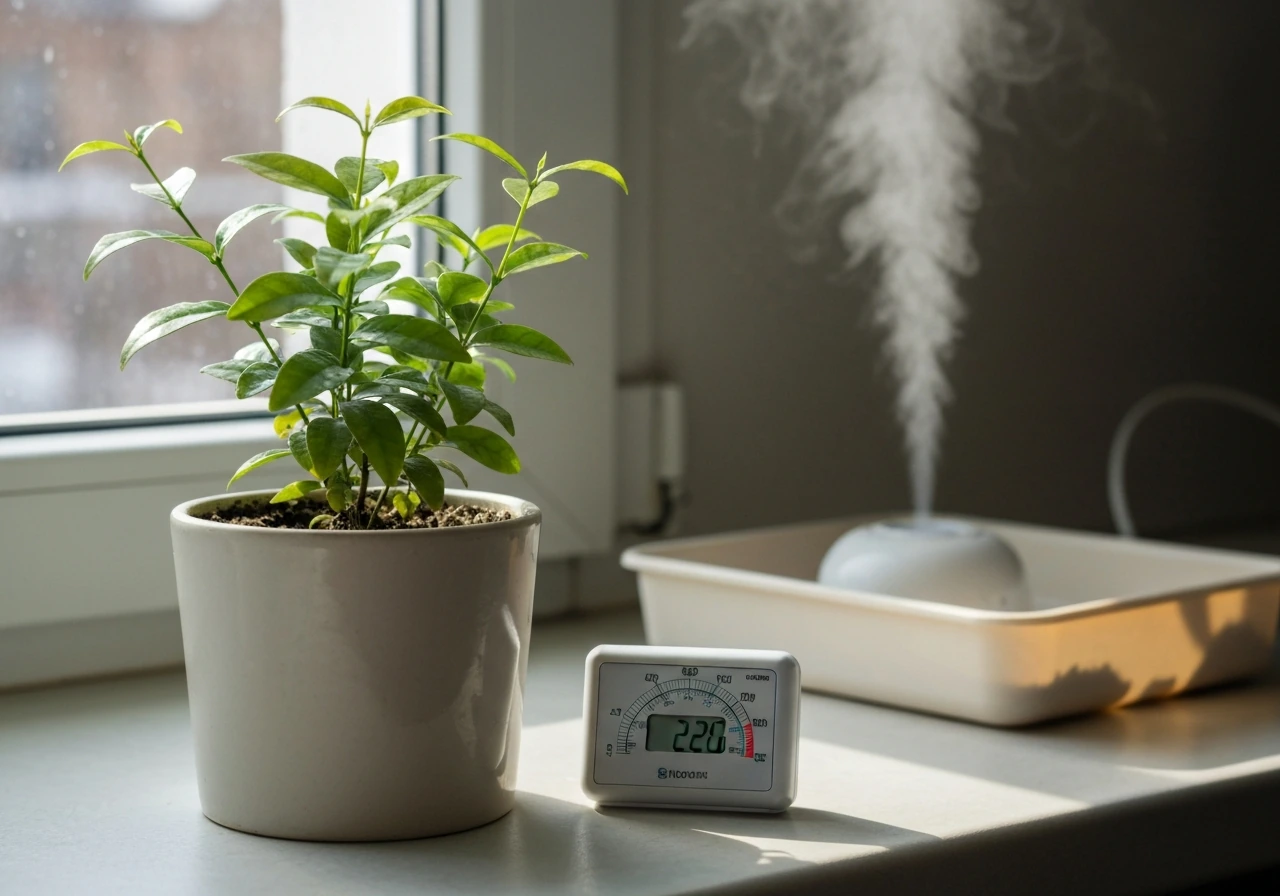 Indoor jasmine plant beside a home hygrometer/thermometer near a humidifying tray or small humidifier.