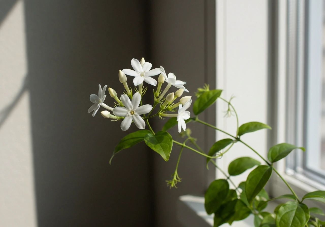 Indoor jasmine plant with clustered buds starting to open in soft natural light