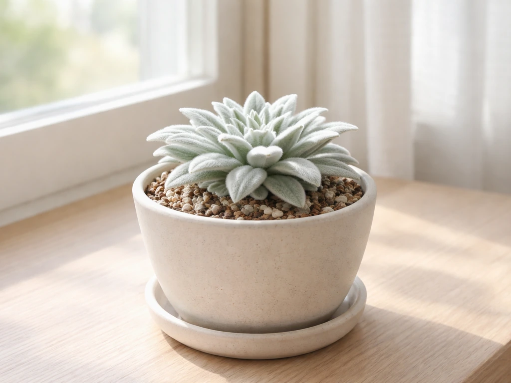 Compact woolly edelweiss rosette on a pot near a bright south-facing window