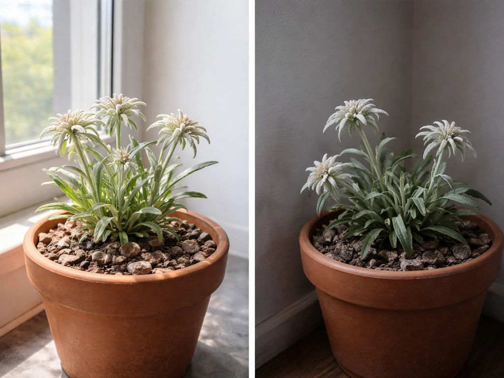Split scene: bright south window with thriving alpine plant vs dim corner with stressed plant indoors.