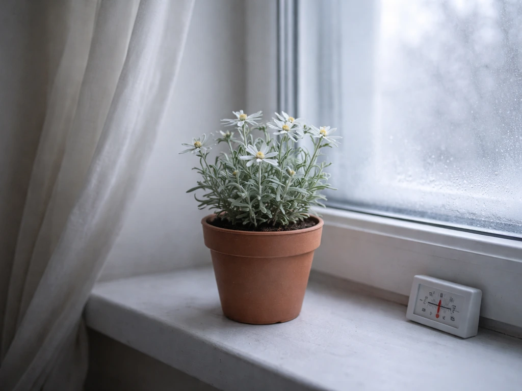 Edelweiss plant in a pot beside a cool window during winter, with an airy, cold-rest setup.