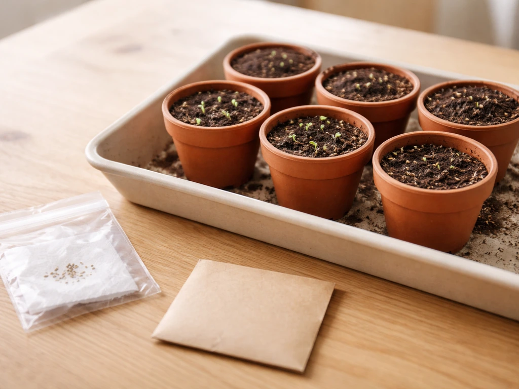 Edelweiss seeds in a small tray with a labeled bag beside terracotta pots for indoor seedling growth.