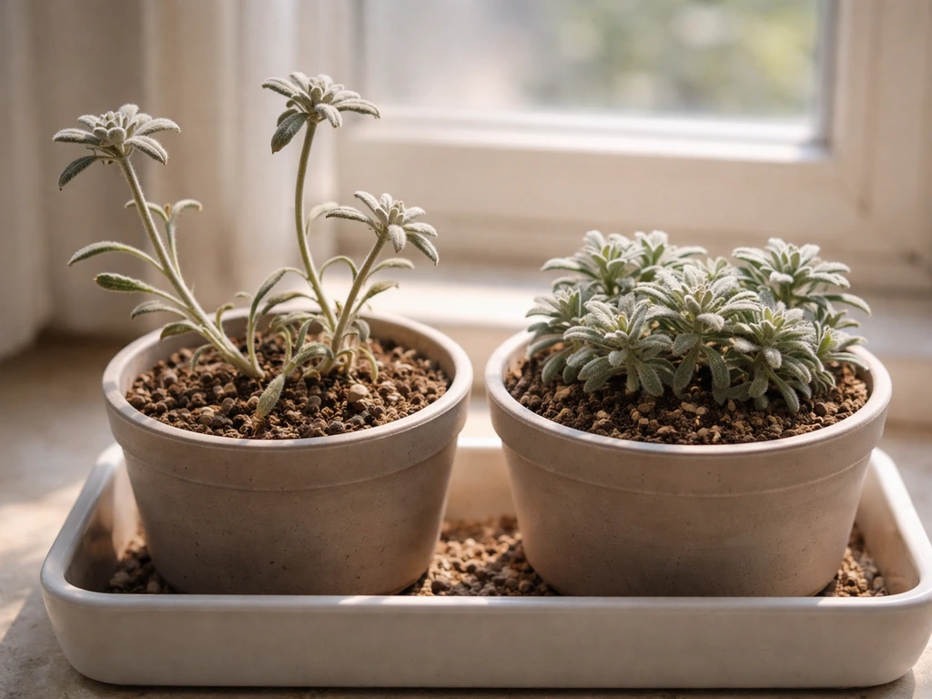 Two potted edelweiss plants side-by-side: one with stretched floppy stems, one compact and healthy.