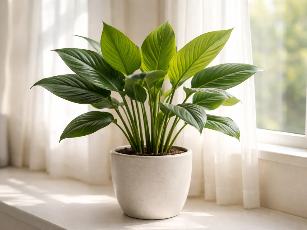 Healthy indoor canna lily with lush green leaves by a bright window in a simple pot setup.