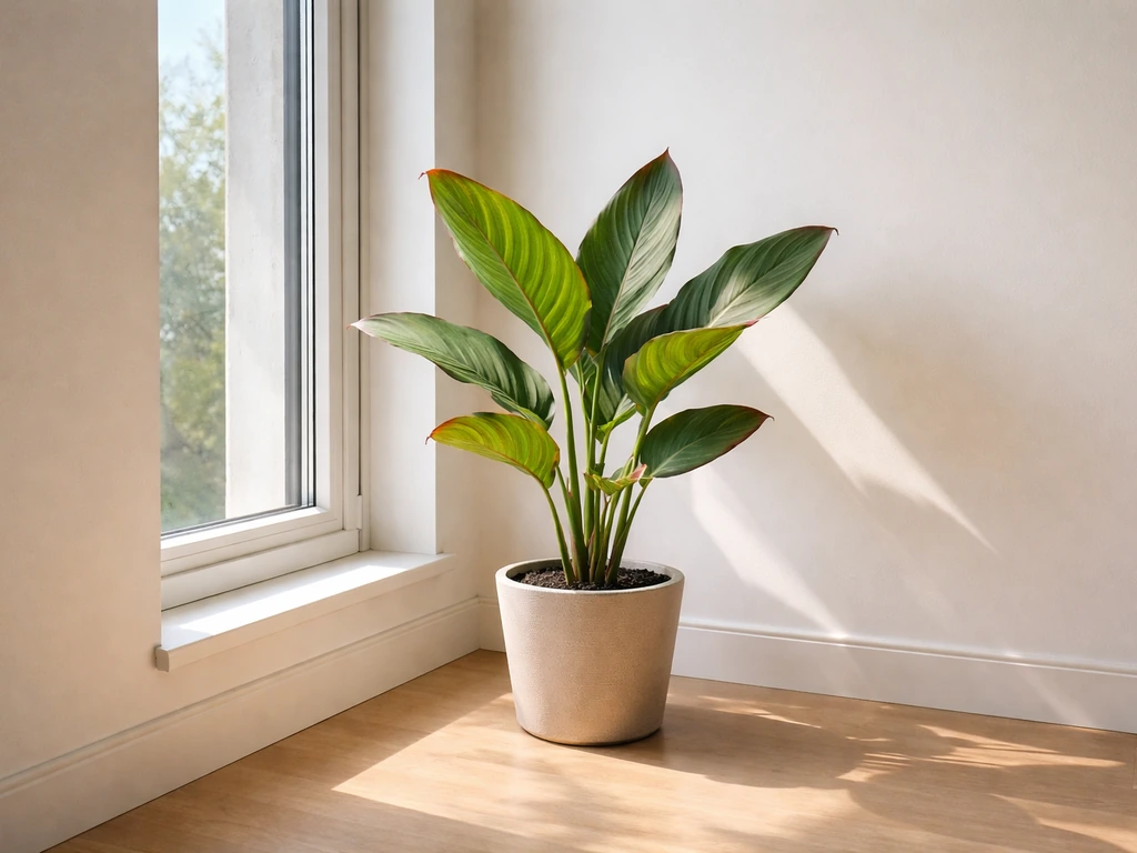 Indoor canna plant near a south-facing window, leaves unobstructed to catch direct sunlight.