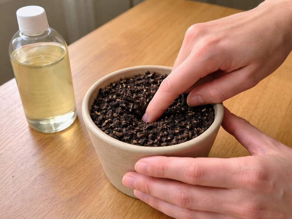 Hands checking pot soil moisture, with a liquid fertilizer bottle nearby on a wooden table.