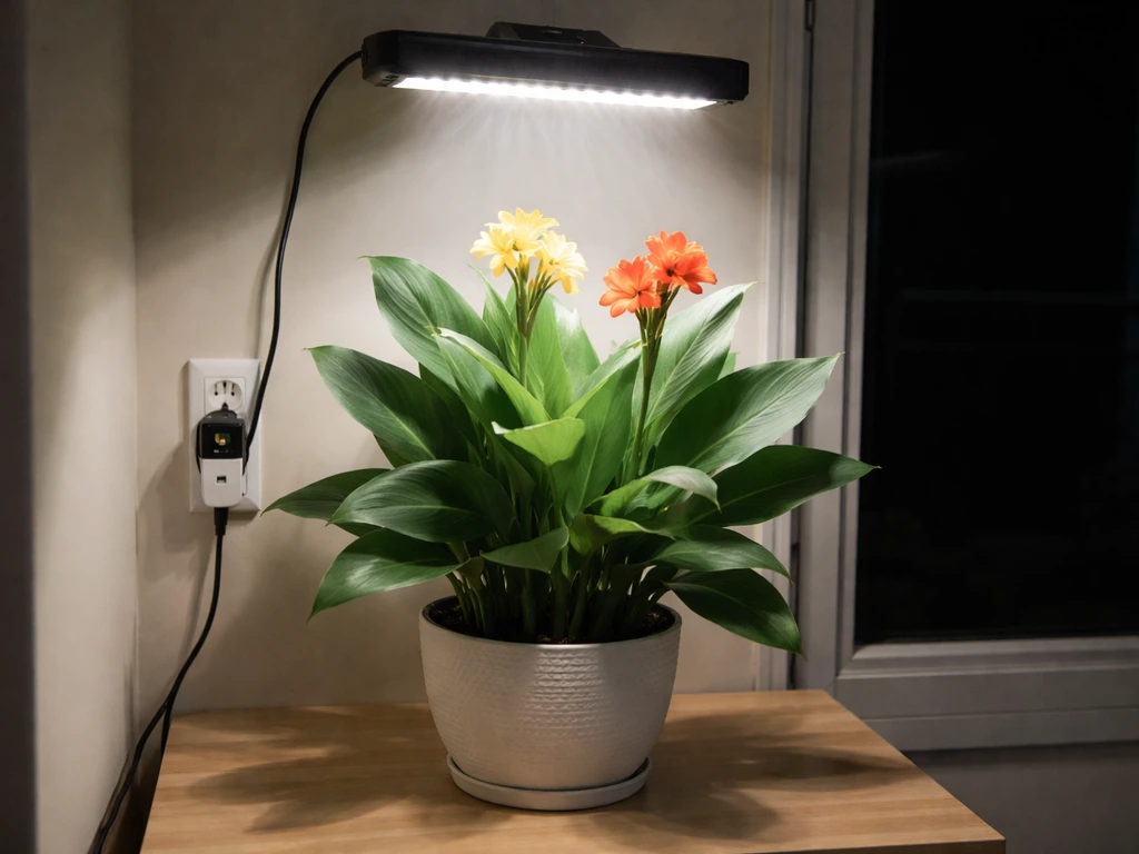 Canna lily under a visible grow light with a plug-in timer on the power cord.