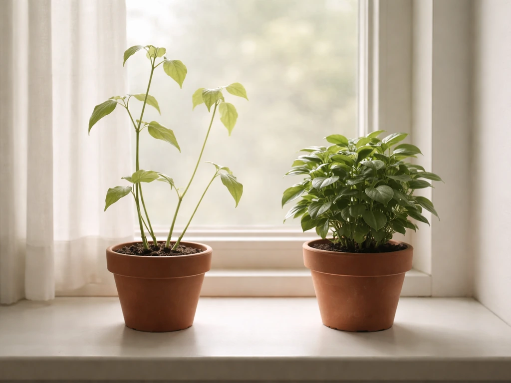 Two indoor potted plants on a windowsill: one leggy and pale, the other fuller and healthier in better light.