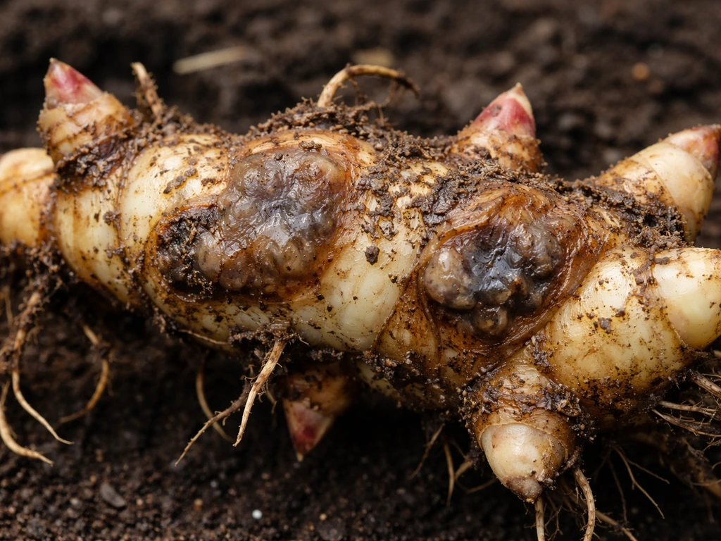 Close-up of an inspected canna rhizome showing soft, mushy, discolored rot spots on a dark soil background.