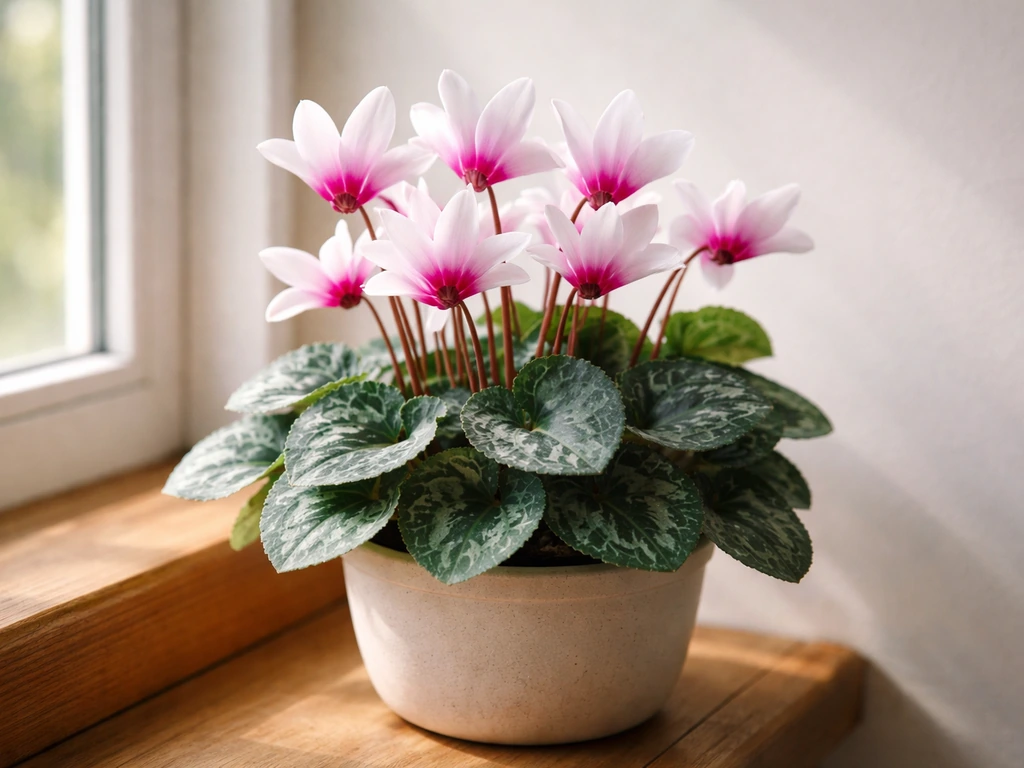 Potted cyclamen plant with vibrant pink and white blooms in a bright indoor room.