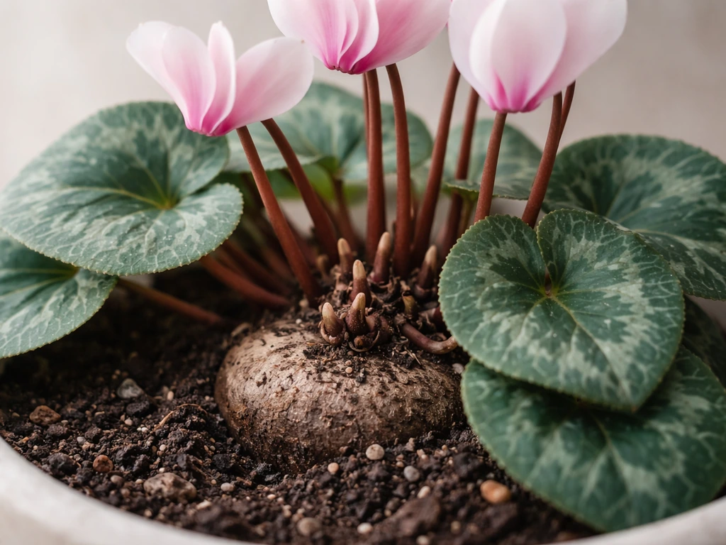 Close-up of cyclamen tuber and heart-shaped leaves with upright flowers in natural soil light