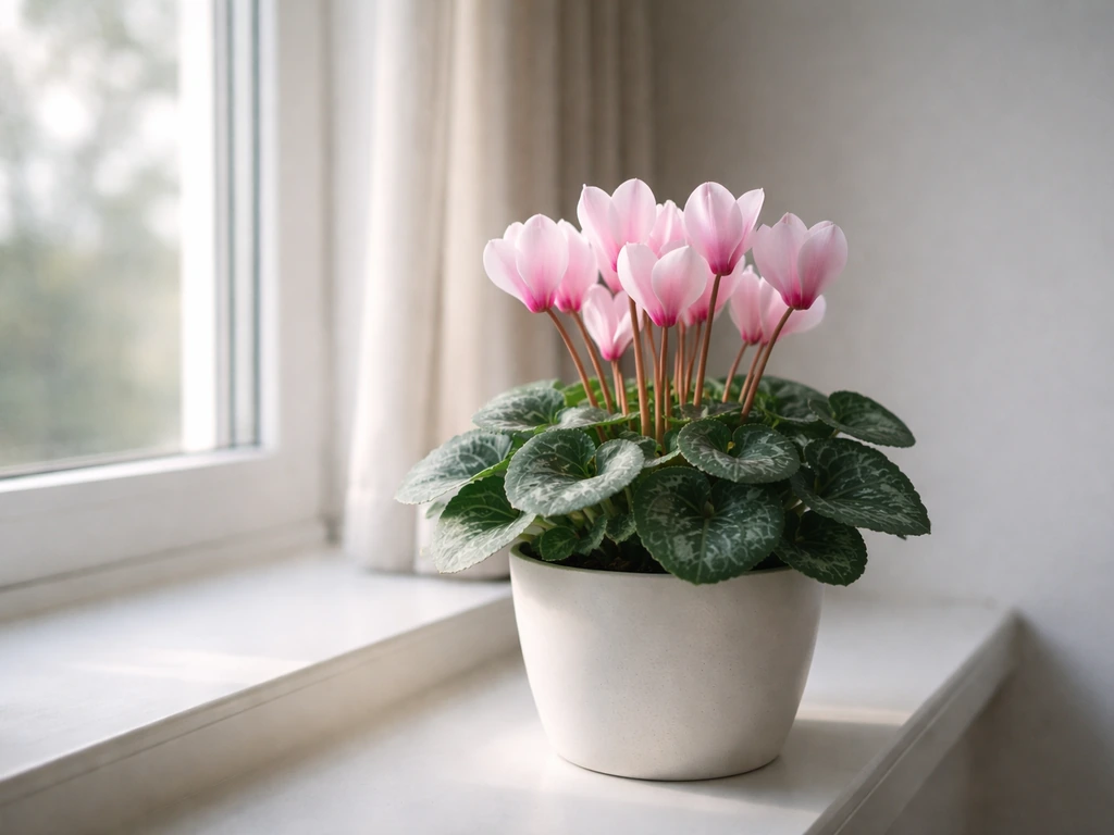 Cyclamen near an east-facing window indoors with bright, indirect light and soft shadows.