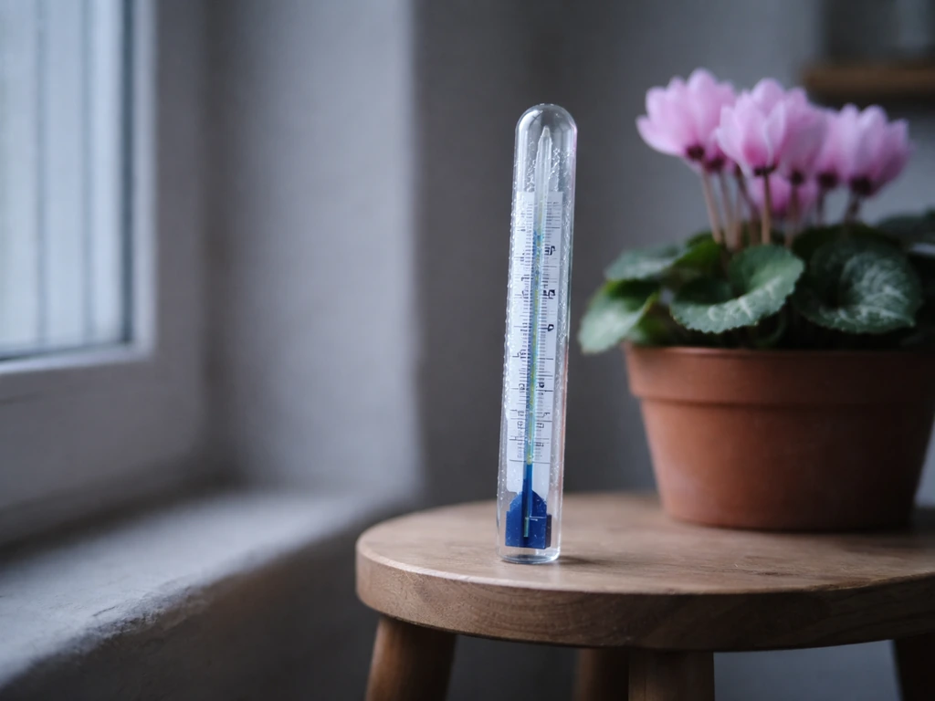 Thermometer in a cool indoor room near a cyclamen plant, suggesting day/night temperature targets.