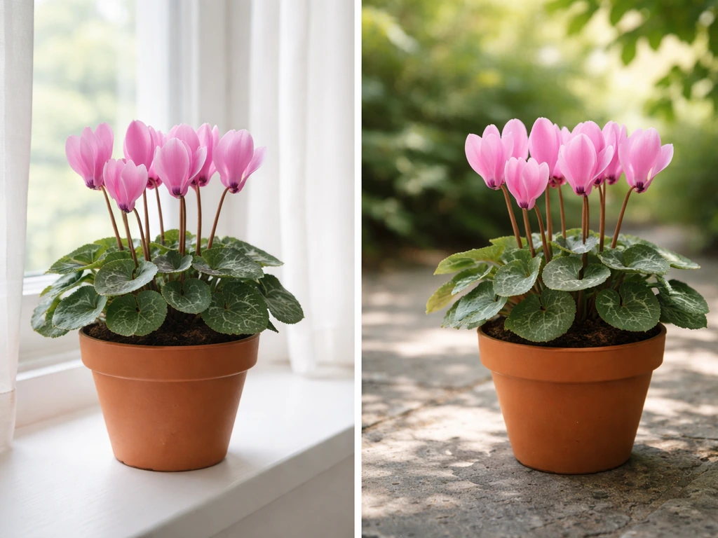Two pots of cyclamen: one indoors on a windowsill, one outdoors in dappled shade