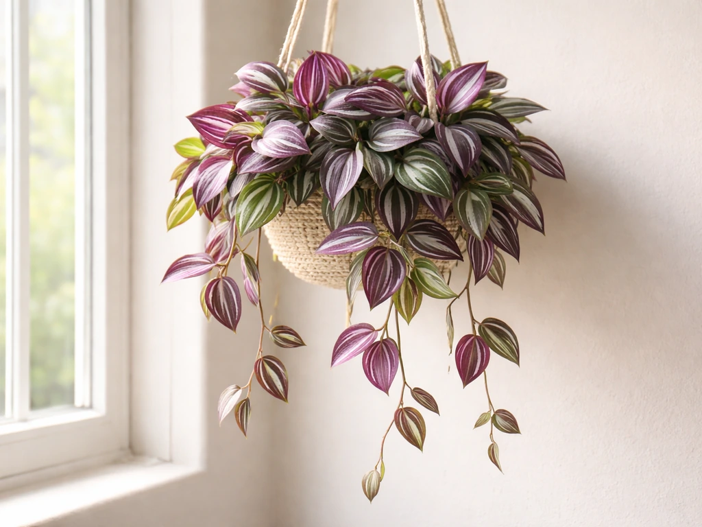 Tradescantia zebrina trailing from a hanging pot beside a bright window indoors.