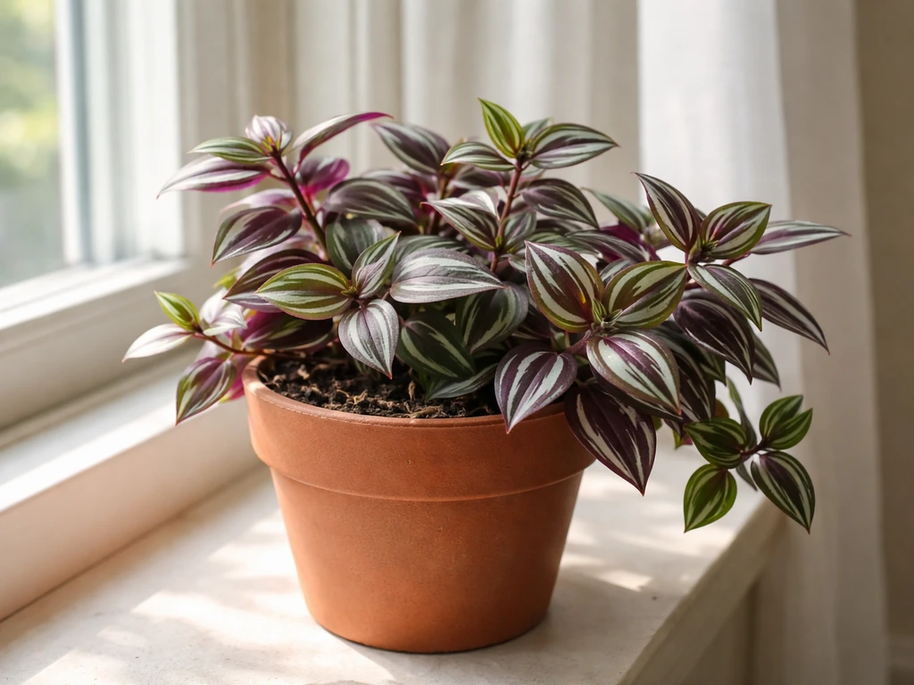A healthy Wandering Jew plant in a pot trailing near a bright window with variegated leaves.