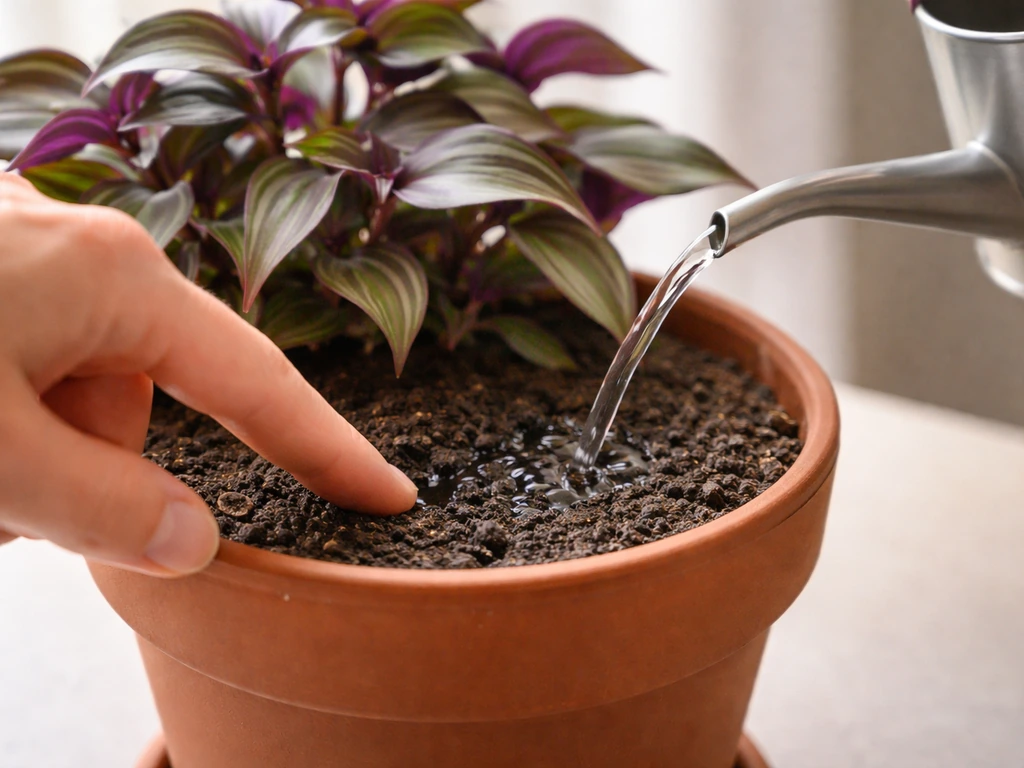 Hand checks the dry top soil of an indoor Wandering Jew pot, while a watering can waters gently into the drainage pot.