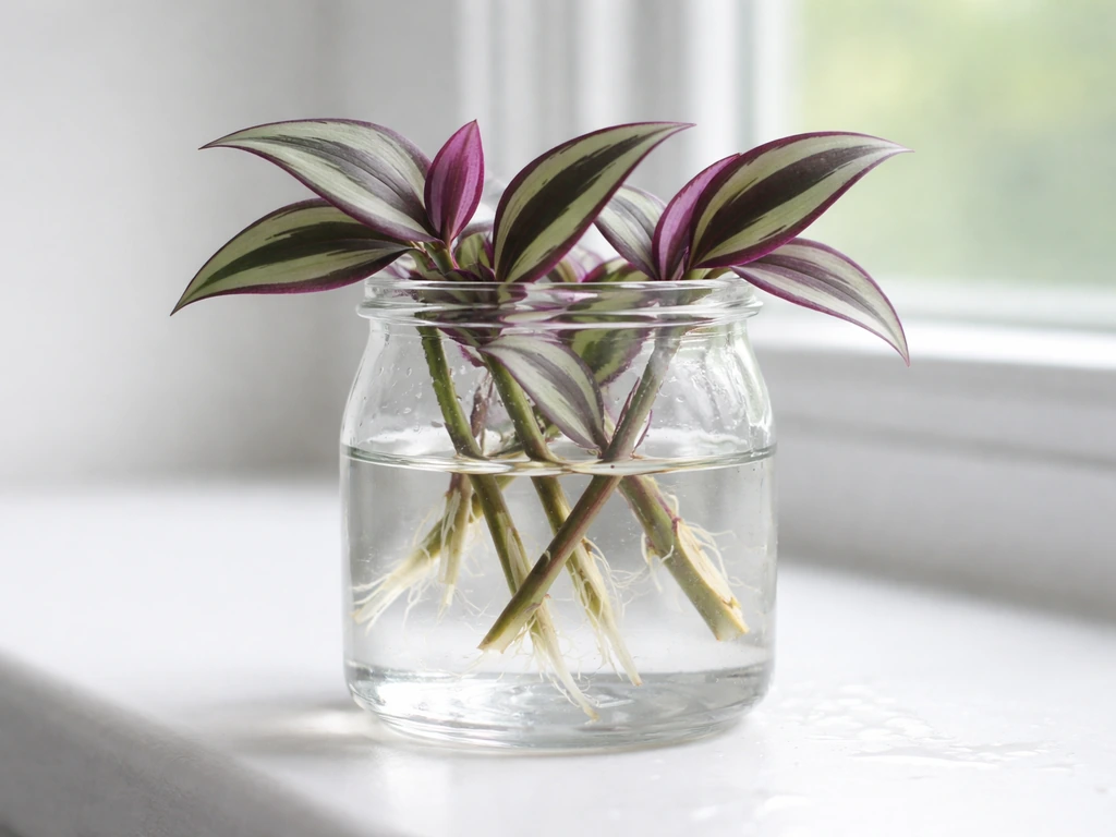 Close-up of Tradescantia zebrina cuttings rooting in a small water container, fresh roots forming