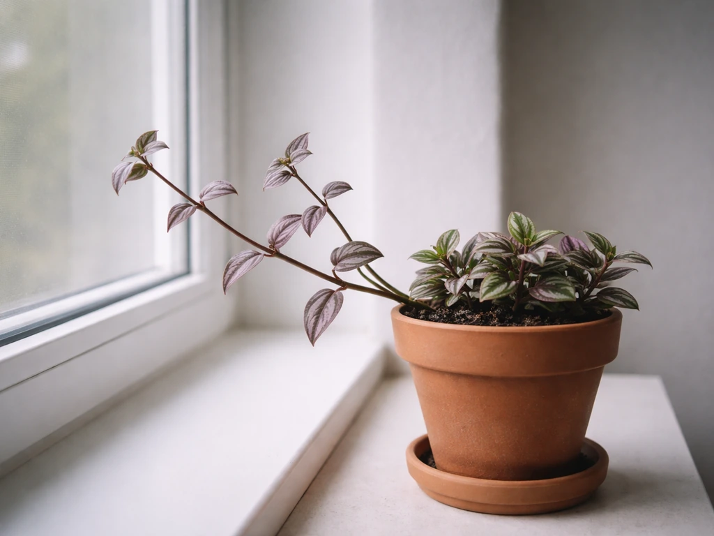 Wandering jew houseplant on a window with leggy stretched vines and shorter pruned growth tips.