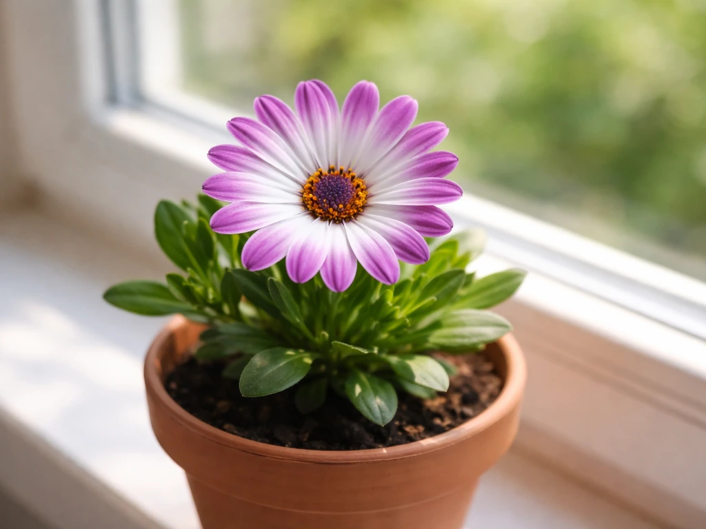Blooming African daisy in a small pot by a bright window indoors, vivid petals and healthy green leaves.