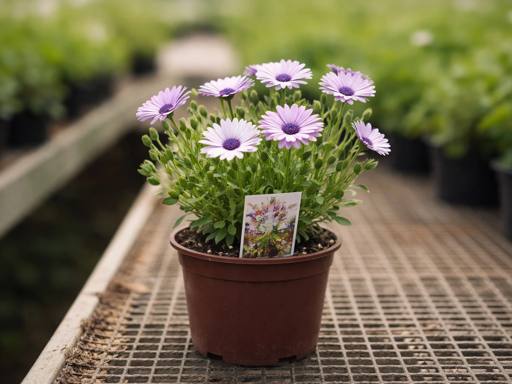 Close-up of a potted African daisy (Osteospermum) in a nursery with a small plant label nearby.